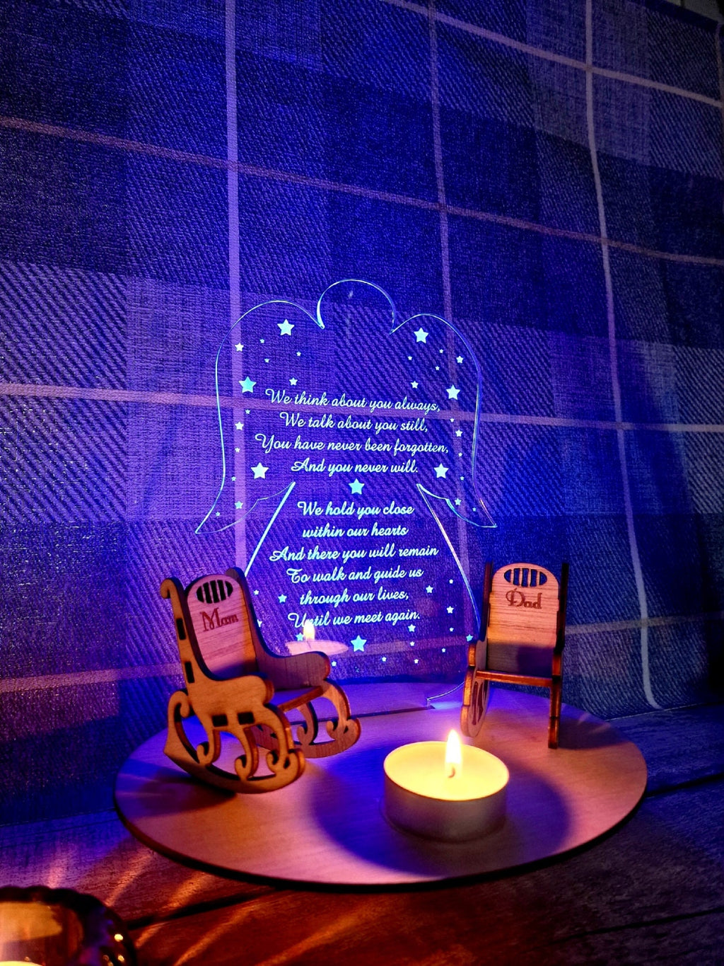 Personalised Angel candle memorial display light - rocking chair -rustic - memory - decoration -decor - remembrance - family - anniversary