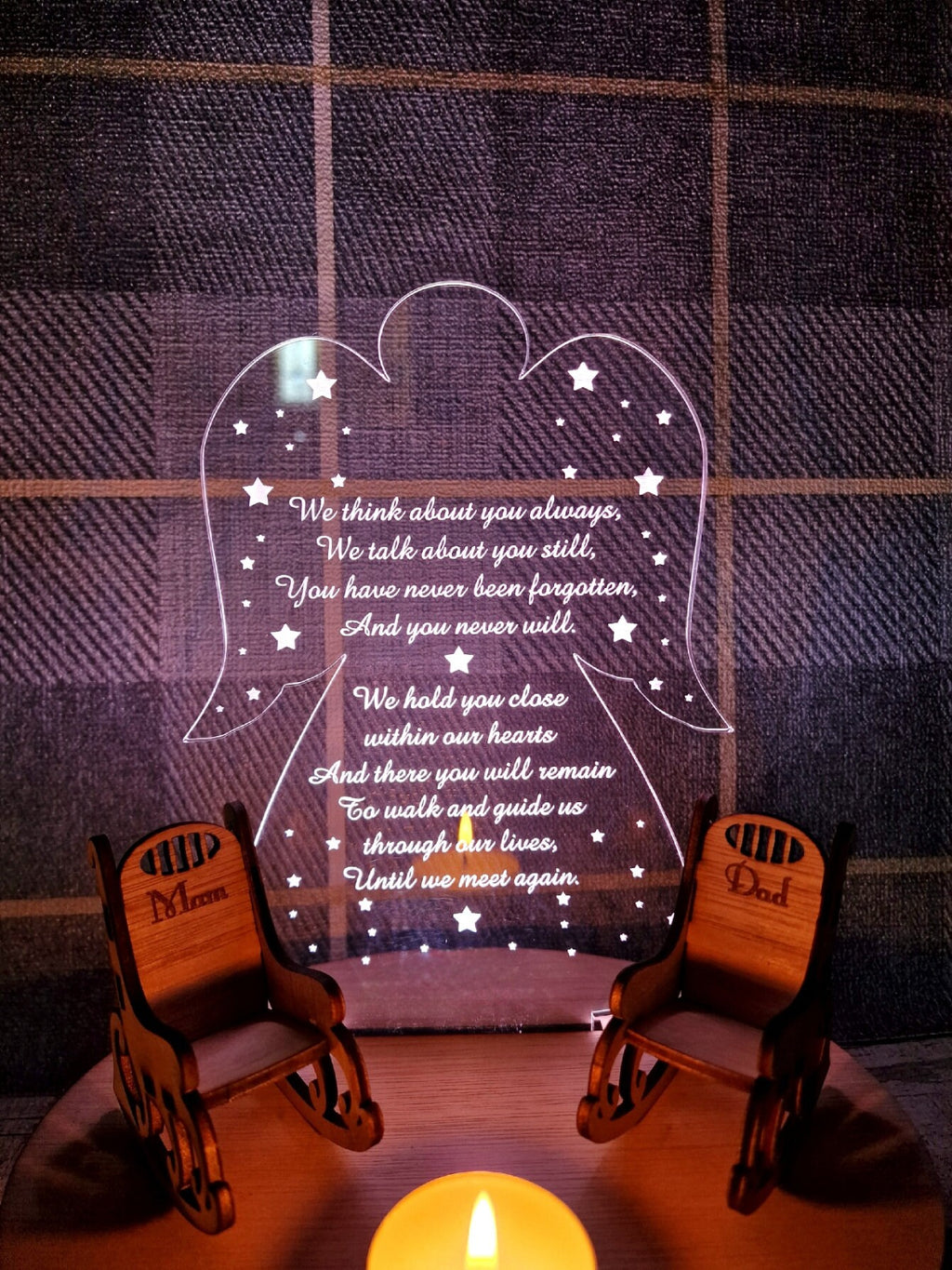 Personalised Angel candle memorial display light - rocking chair -rustic - memory - decoration -decor - remembrance - family - anniversary