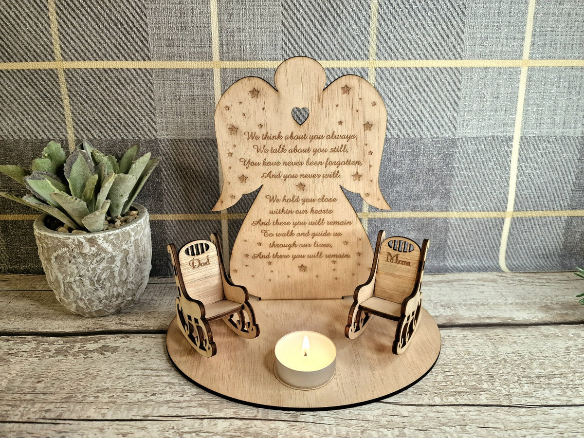 Personalised Angel candle memorial display - rocking chair - rustic - xmas - memory - decoration -decor - remembrance - family - plaque