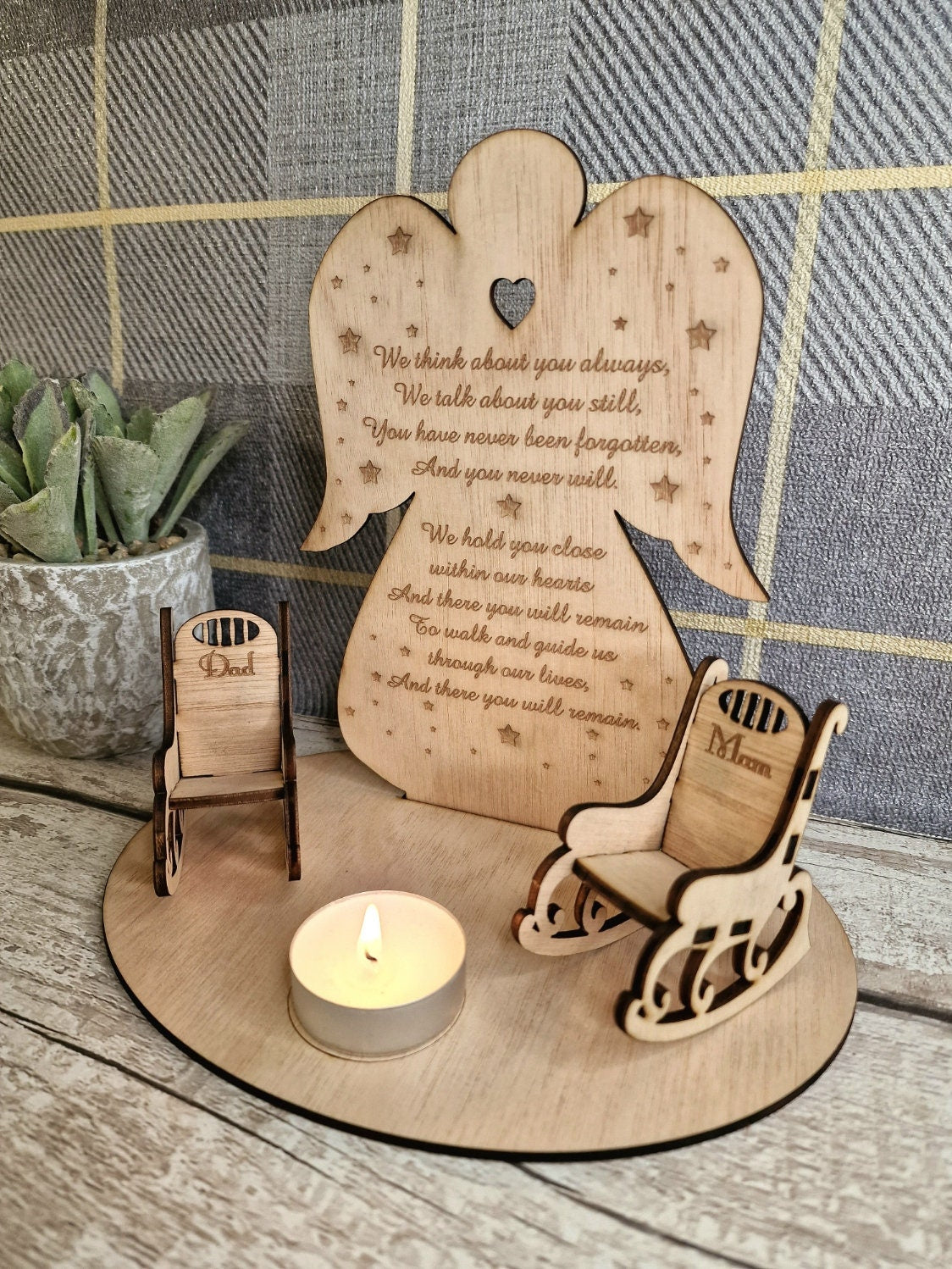 Personalised Angel candle memorial display - rocking chair - rustic - xmas - memory - decoration -decor - remembrance - family - plaque