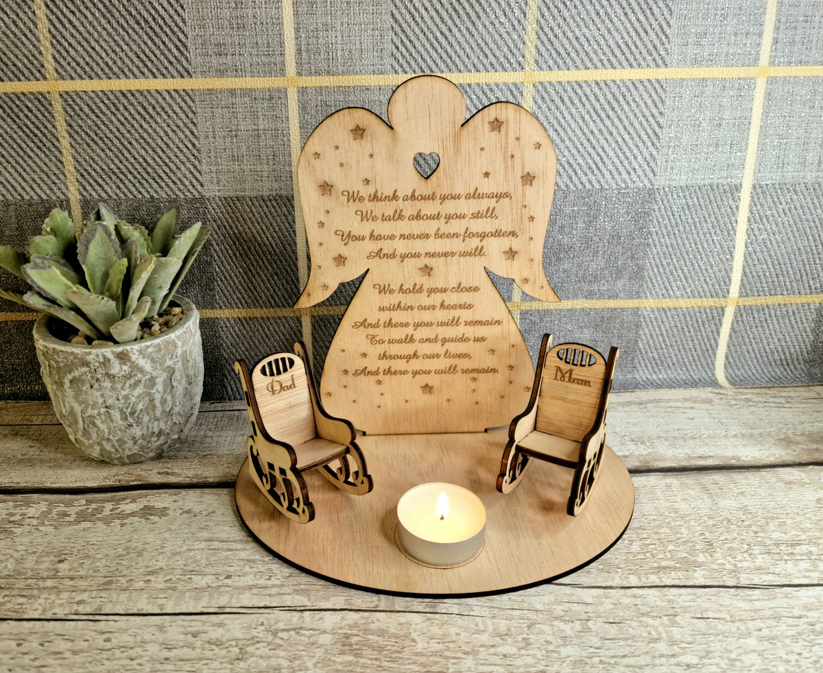Personalised Angel candle memorial display - rocking chair - rustic - xmas - memory - decoration -decor - remembrance - family - plaque
