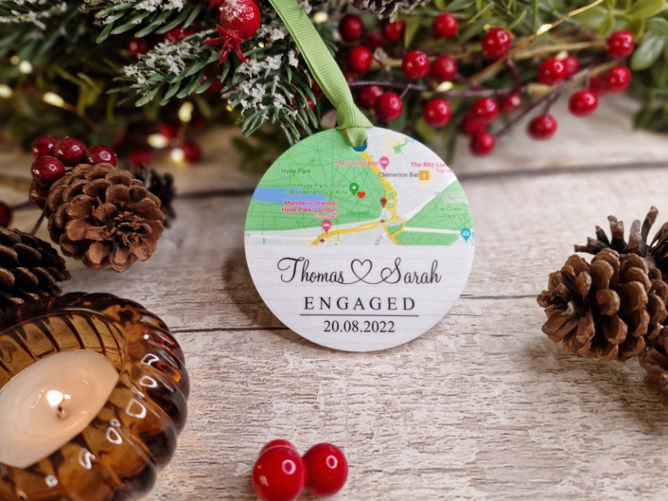 Personalised Engaged Location Map bauble - Decoration - Stocking filler - Anniversary - Gift - Present - keepsake - Memory - Married - Date