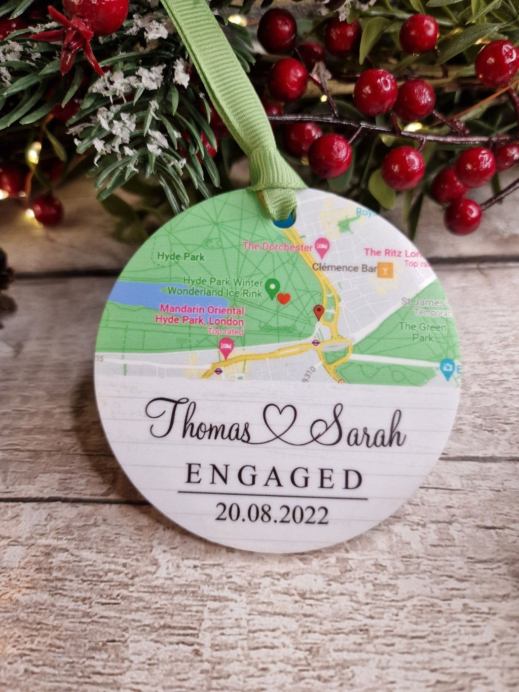 Personalised Engaged Location Map bauble - Decoration - Stocking filler - Anniversary - Gift - Present - keepsake - Memory - Married - Date