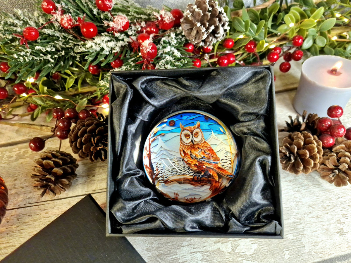 Snow Owl scene glass bubble Christmas decoration - xmas - father Christmas - Unusual gift - Office - Paperweight - unique - art - secret