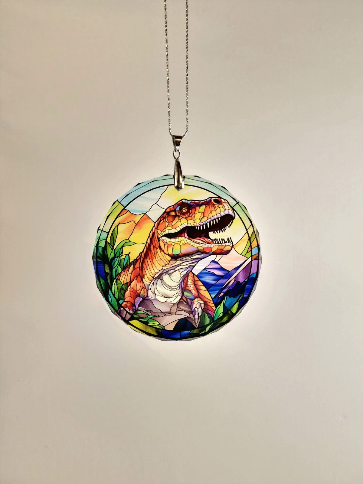 Glass Diamond Cut edge Dinosaur Hanging SunCatcher Ornament - Bauble - Decoration - Stocking filler - Stained Glass - Gift - Present