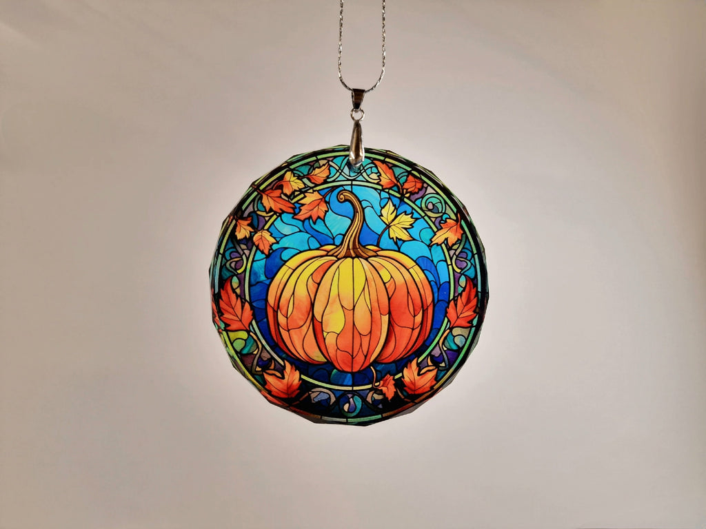 Glass Diamond Cut edge Pumpkin Hanging SunCatcher Ornament - Bauble - Decoration - Stocking filler - Stained Glass - Gift - Present - Hallo