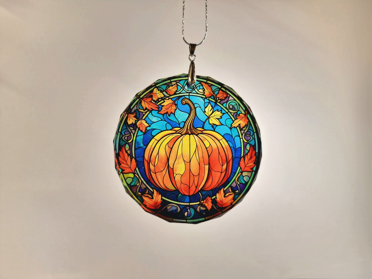 Glass Diamond Cut edge Pumpkin Hanging SunCatcher Ornament - Bauble - Decoration - Stocking filler - Stained Glass - Gift - Present - Hallo
