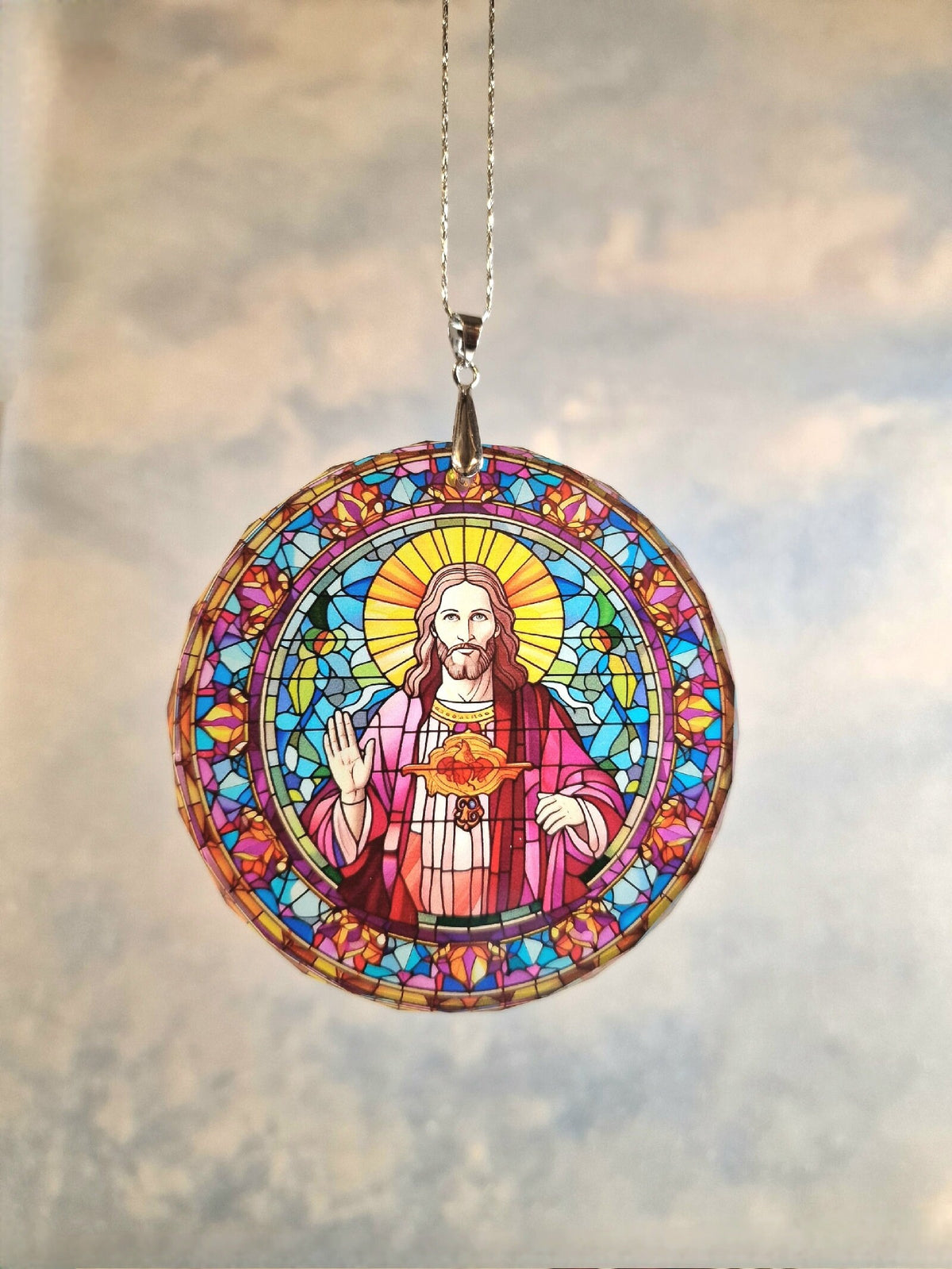 Glass Diamond Cut edge Jesus Hanging SunCatcher Ornament - Bauble - Decoration - Stocking filler - Stained Glass - Gift - Present - Church