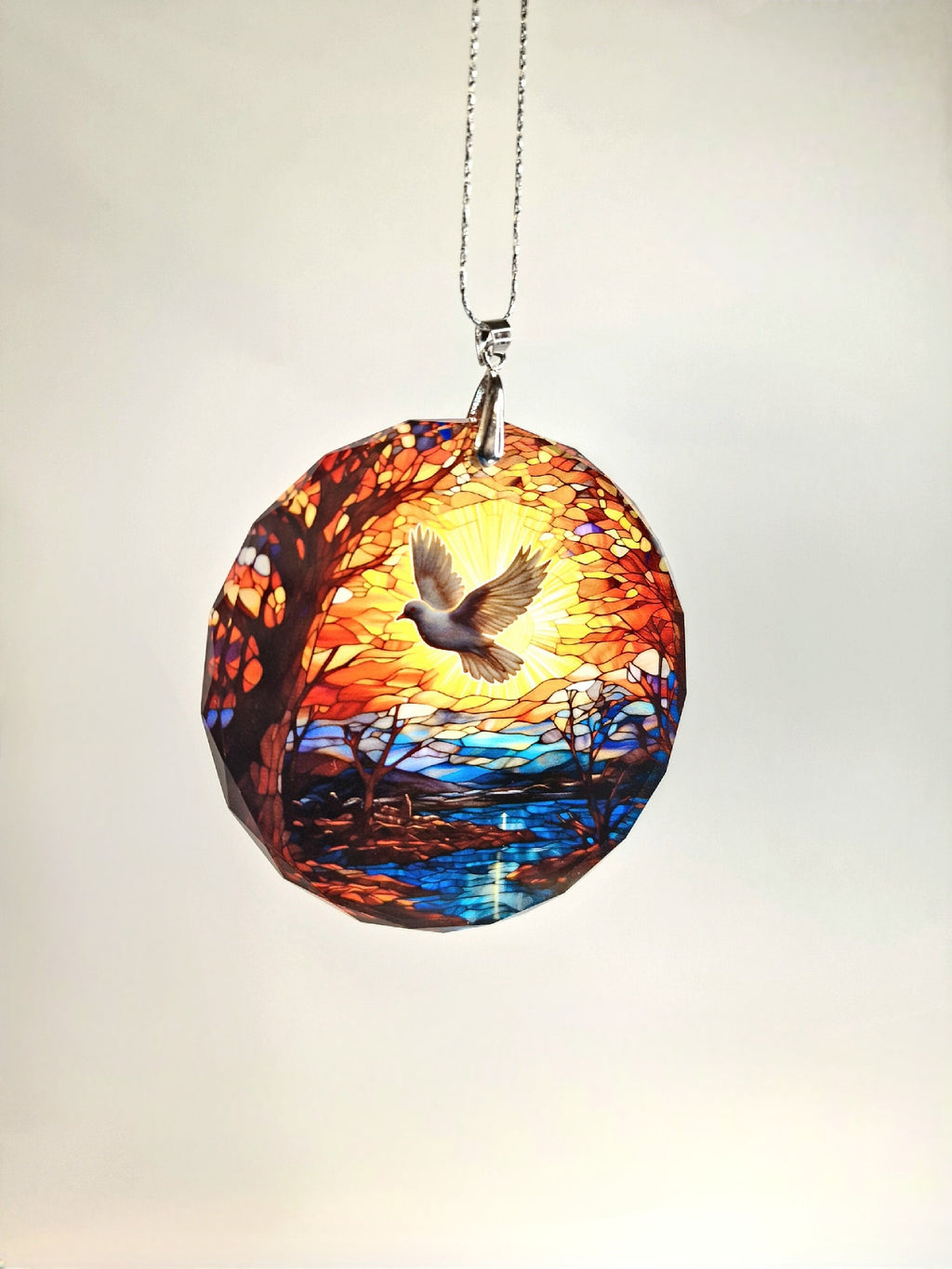 Glass Diamond Cut edge Flying Dove Hanging SunCatcher Ornament - Bauble - Decoration - Stocking filler - Stained Glass - Gift - Present