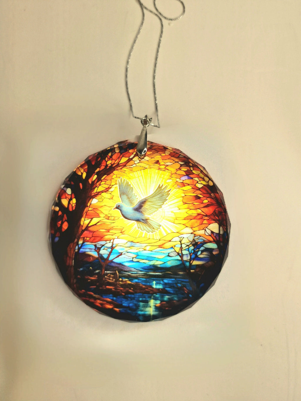 Glass Diamond Cut edge Flying Dove Hanging SunCatcher Ornament - Bauble - Decoration - Stocking filler - Stained Glass - Gift - Present