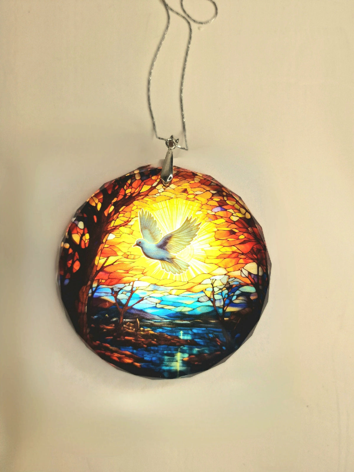 Glass Diamond Cut edge Flying Dove Hanging SunCatcher Ornament - Bauble - Decoration - Stocking filler - Stained Glass - Gift - Present