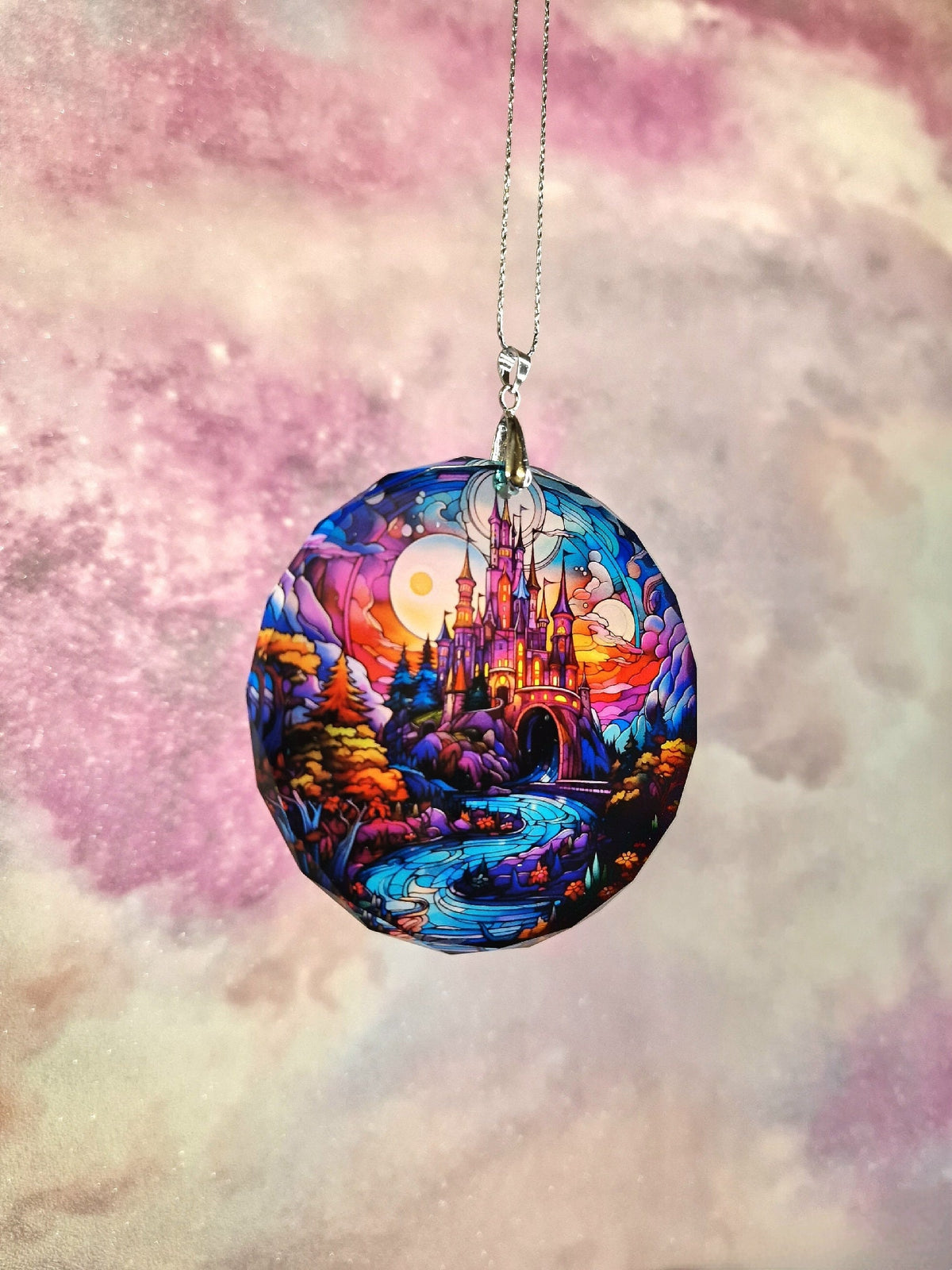 Glass Diamond Cut edge Magical Castle SunCatcher Ornament - Bauble - Decoration - Stocking filler - Stained Glass - Gift - Present - Church
