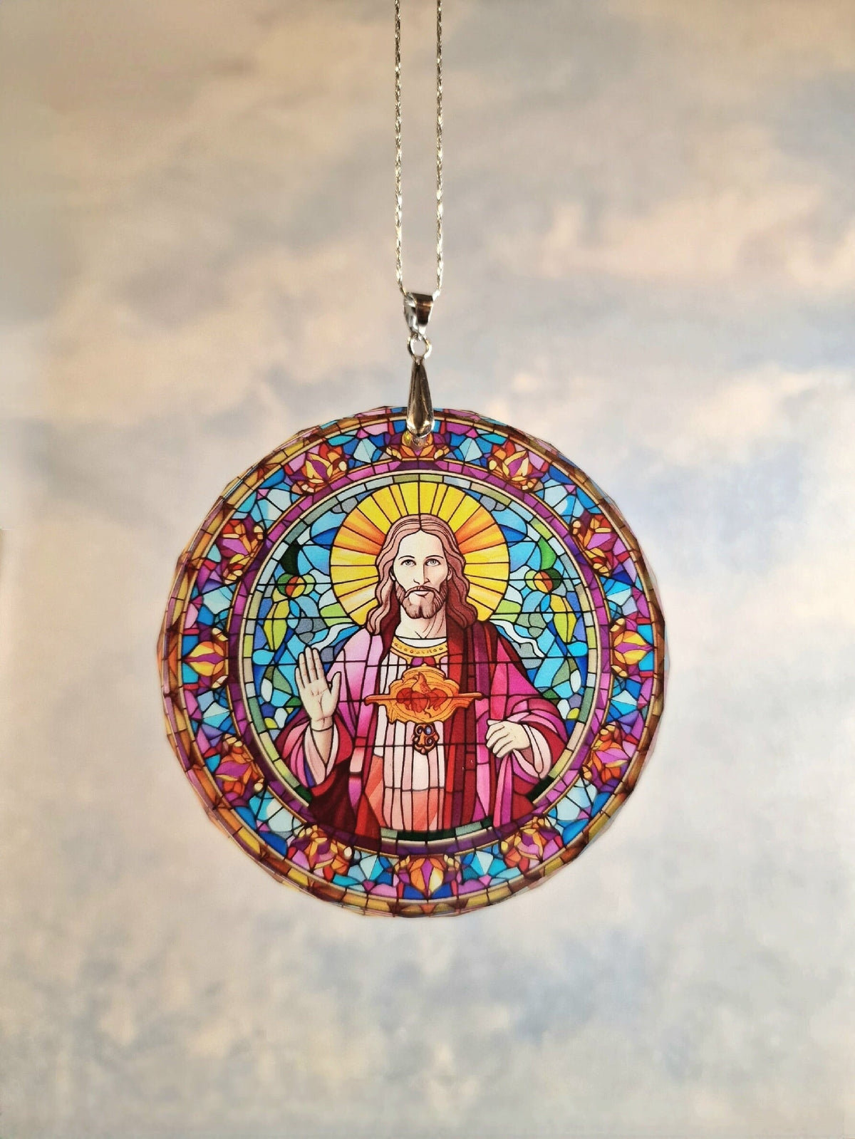 Glass Diamond Cut edge Jesus Hanging SunCatcher Ornament - Bauble - Decoration - Stocking filler - Stained Glass - Gift - Present - Church