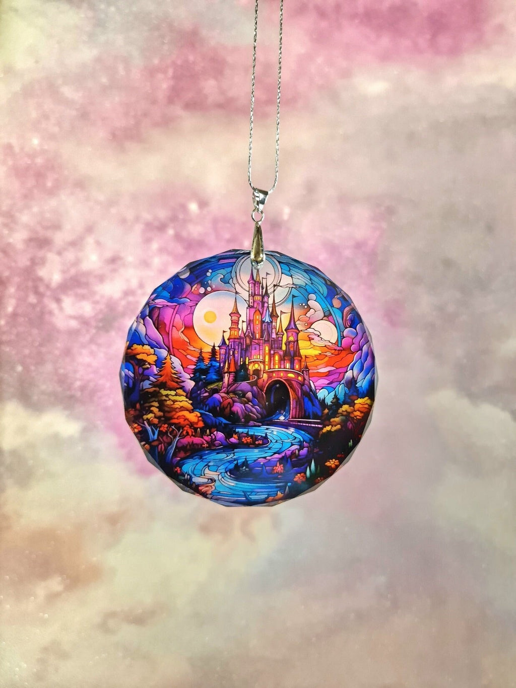 Glass Diamond Cut edge Magical Castle SunCatcher Ornament - Bauble - Decoration - Stocking filler - Stained Glass - Gift - Present - Church