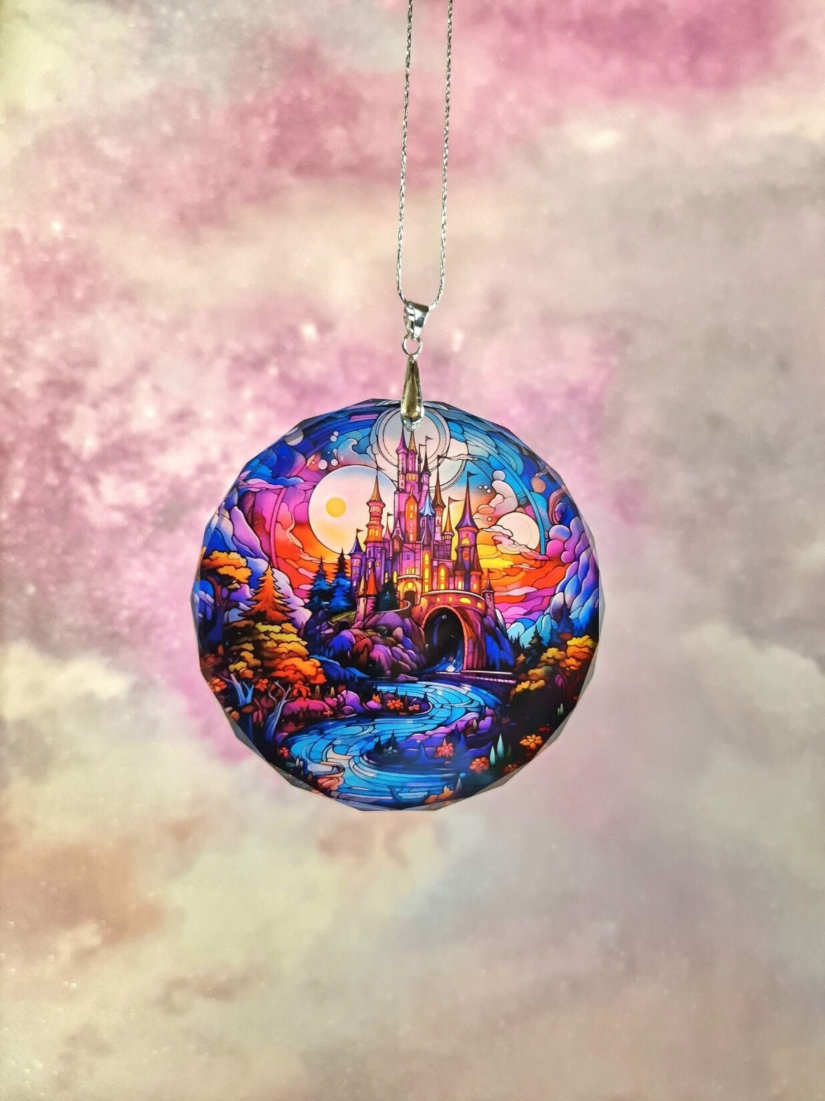Glass Diamond Cut edge Magical Castle SunCatcher Ornament - Bauble - Decoration - Stocking filler - Stained Glass - Gift - Present - Church