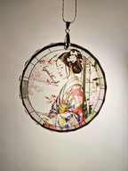 Glass Diamond Cut edge Japanese SunCatcher Ornament - Bauble - Decoration - Stocking filler - Stained Glass - Gift - Present - Kimono - Koi