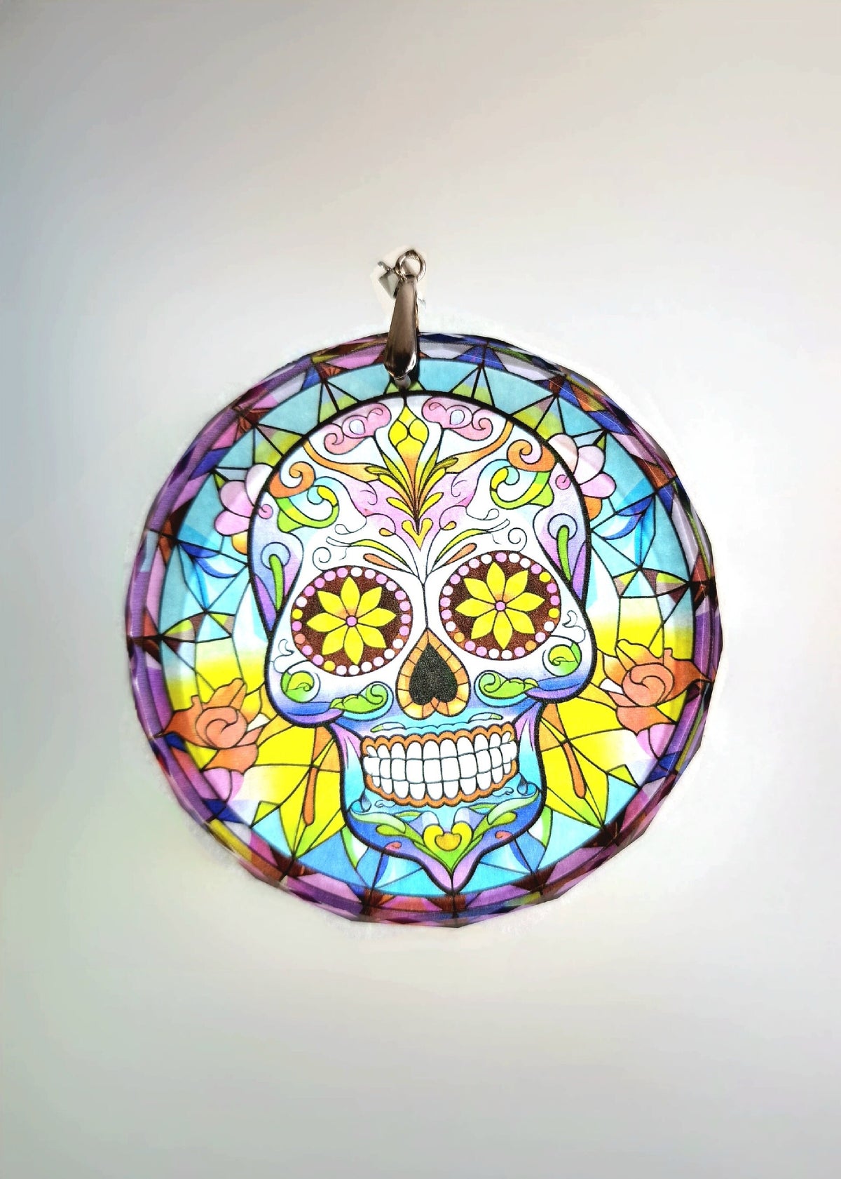 Glass Diamond Cut edge Sugar Skull SunCatcher Ornament - Bauble - Decoration - Stocking filler - Stained Glass - Gift - Present - Rainbow