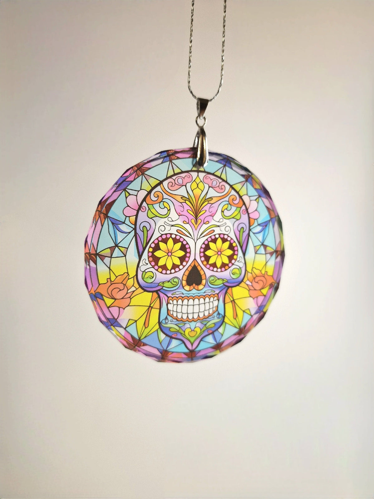 Glass Diamond Cut edge Sugar Skull SunCatcher Ornament - Bauble - Decoration - Stocking filler - Stained Glass - Gift - Present - Rainbow