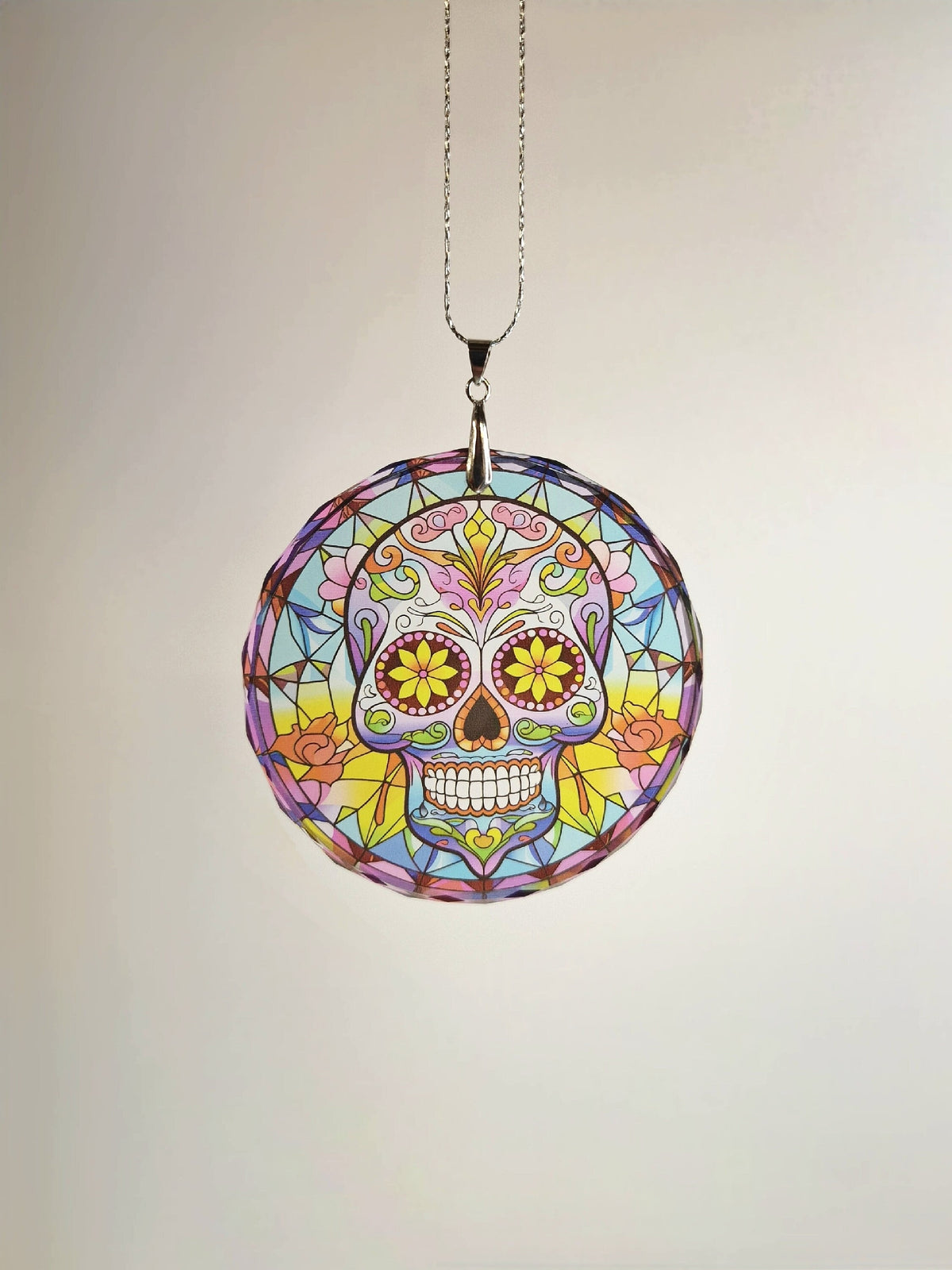 Glass Diamond Cut edge Sugar Skull SunCatcher Ornament - Bauble - Decoration - Stocking filler - Stained Glass - Gift - Present - Rainbow
