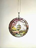 Glass Diamond Cut edge Japanese SunCatcher Ornament - Bauble - Decoration - Stocking filler - Stained Glass - Gift - Present - Pagoda - Koi