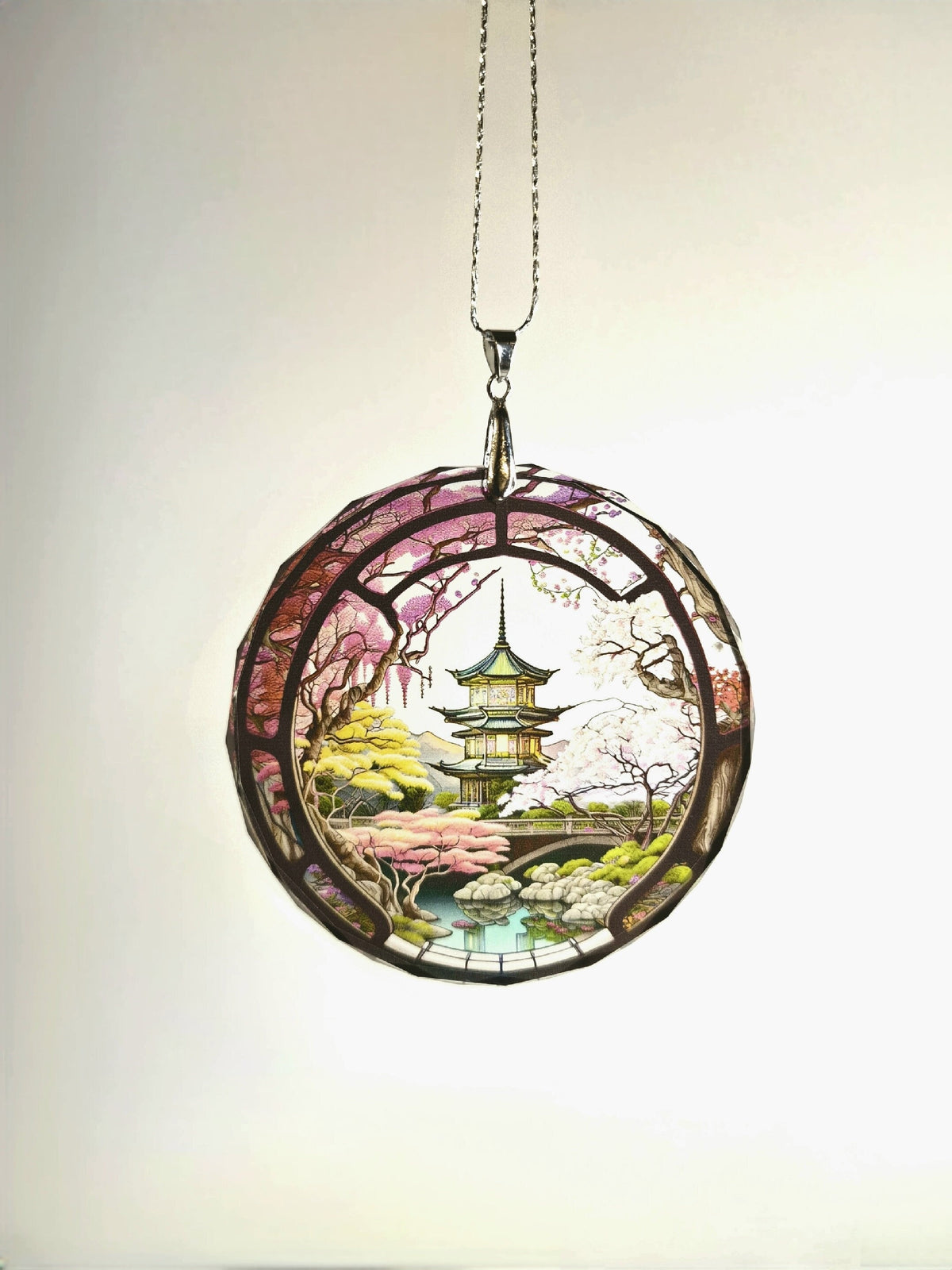 Glass Diamond Cut edge Japanese SunCatcher Ornament - Bauble - Decoration - Stocking filler - Stained Glass - Gift - Present - Pagoda - Koi