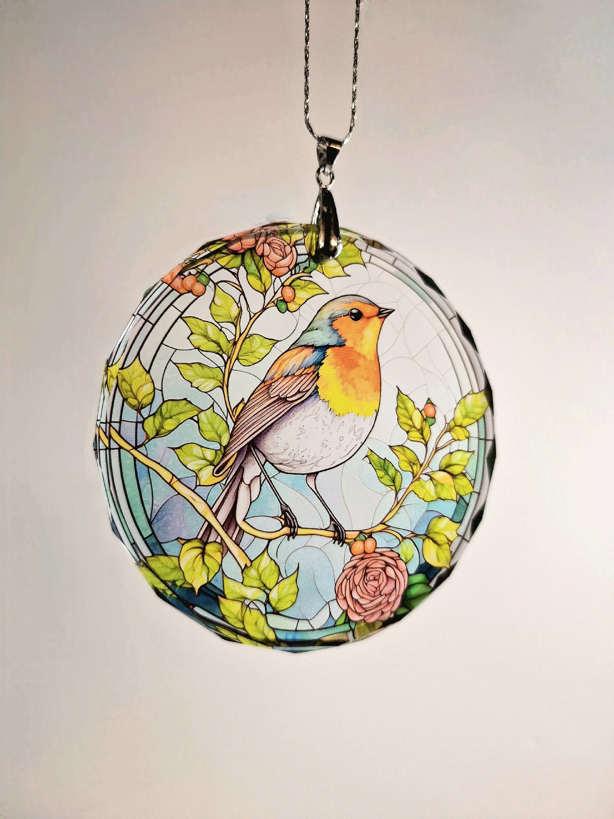 Glass Diamond Cut edge Robin SunCatcher Ornament - Bauble - Decoration - Stocking filler - Stained Glass - Gift - Present - Memorial