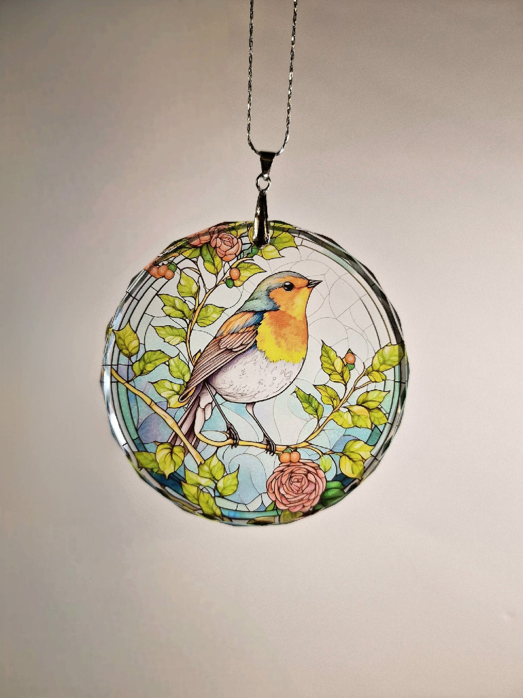 Glass Diamond Cut edge Robin SunCatcher Ornament - Bauble - Decoration - Stocking filler - Stained Glass - Gift - Present - Memorial