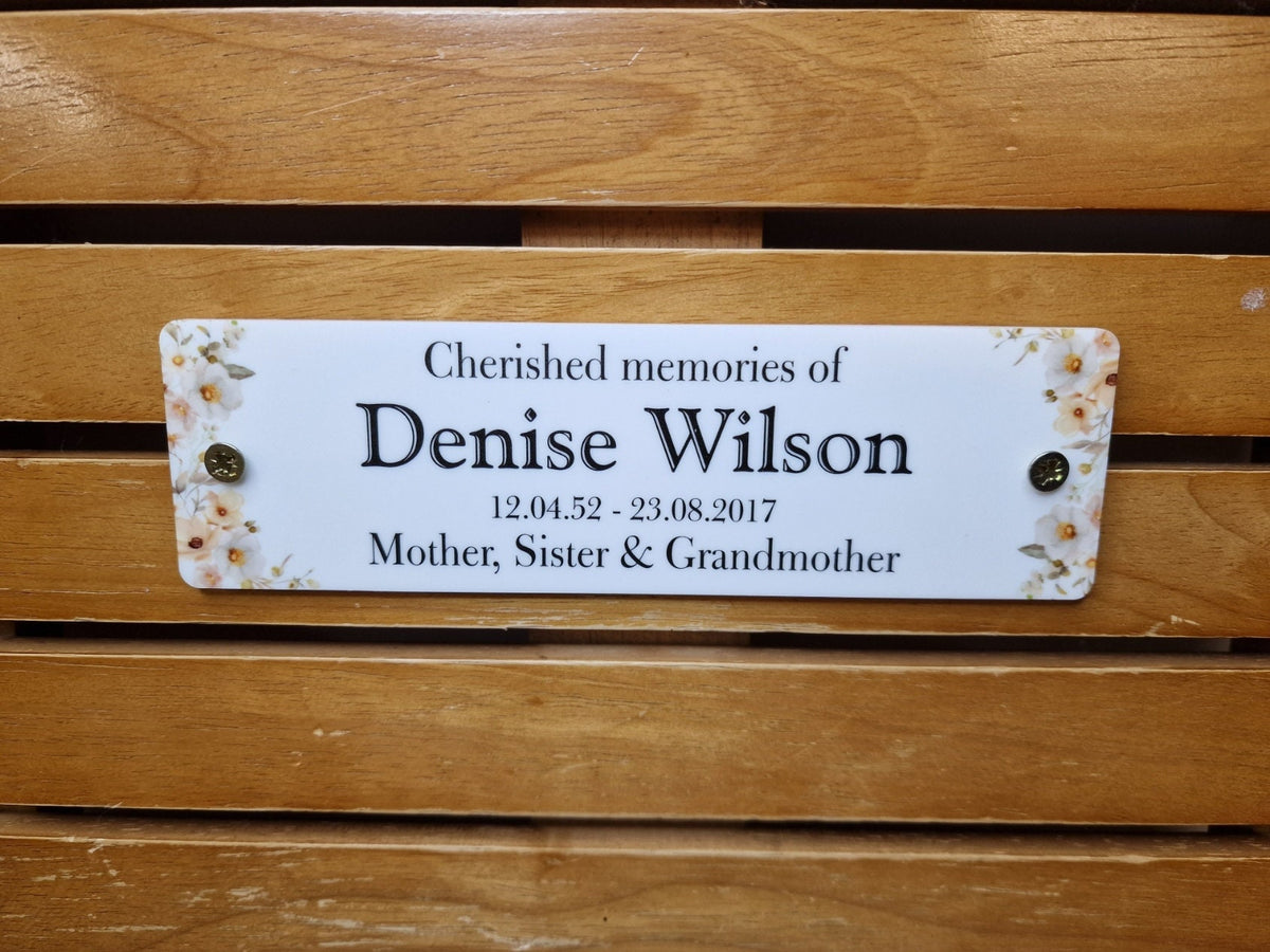 Personalised Floral Memorial Bench Plaque - Anniversary - Garden - Tree - Commemoration - Urn - Casket - Grave marker - Indoor - Outdoor