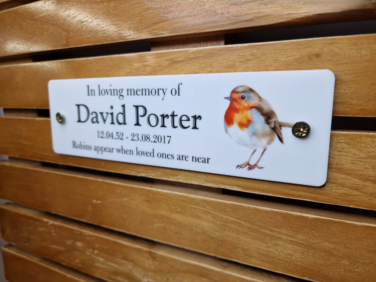 Personalised Robin Memorial Bench Plaque - Anniversary - Garden - Tree - Commemoration - Urn - Casket - Grave marker - Indoor - Outdoor