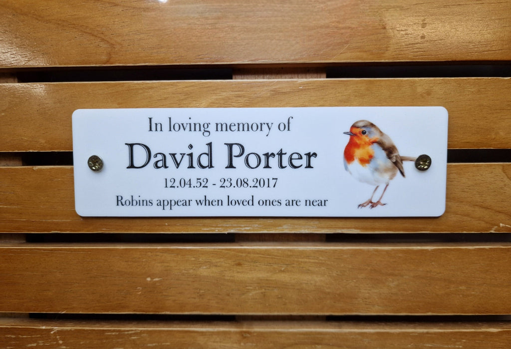 Personalised Robin Memorial Bench Plaque - Anniversary - Garden - Tree - Commemoration - Urn - Casket - Grave marker - Indoor - Outdoor