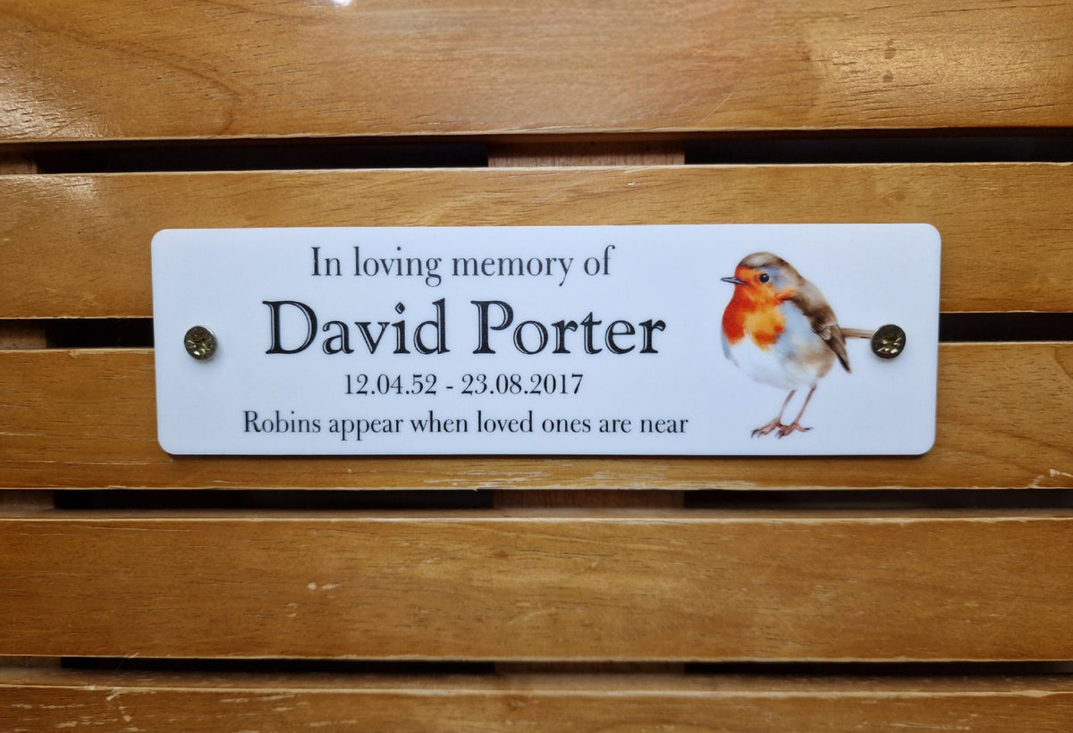 Personalised Robin Memorial Bench Plaque - Anniversary - Garden - Tree - Commemoration - Urn - Casket - Grave marker - Indoor - Outdoor