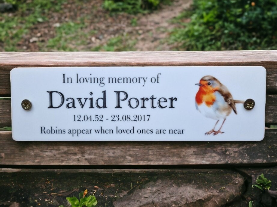 Personalised Robin Memorial Bench Plaque - Anniversary - Garden - Tree - Commemoration - Urn - Casket - Grave marker - Indoor - Outdoor