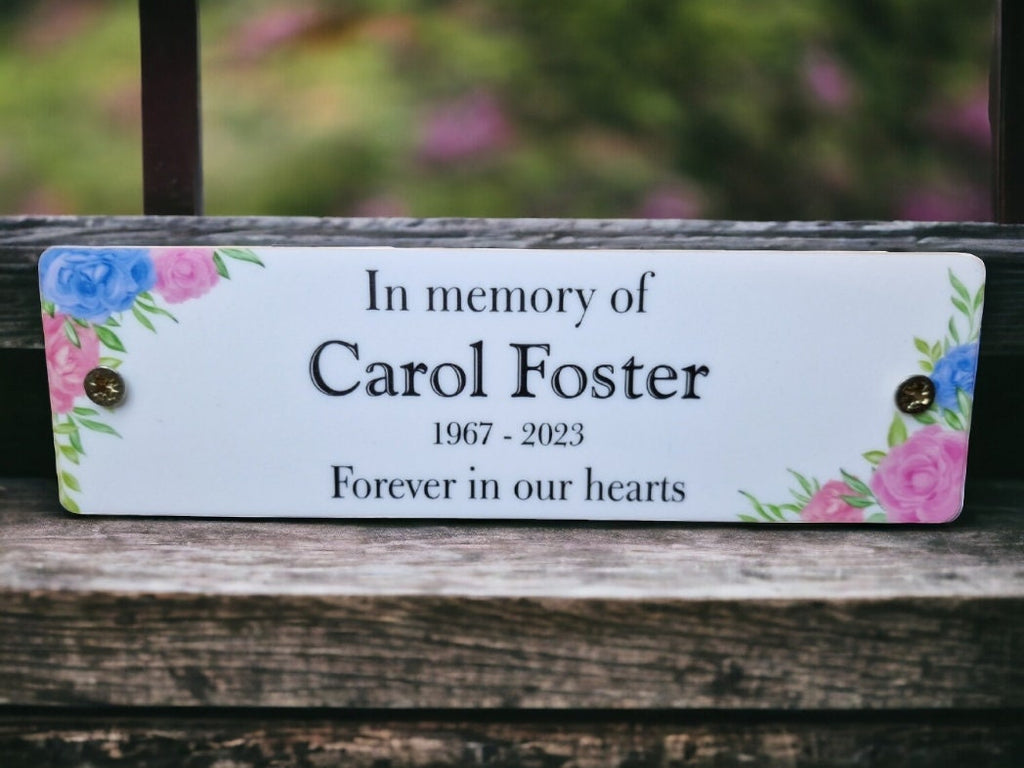Personalised Floral Memorial Bench Plaque - Anniversary - Garden - Tree - Commemoration - Urn - Casket - Grave marker - Indoor - Outdoor