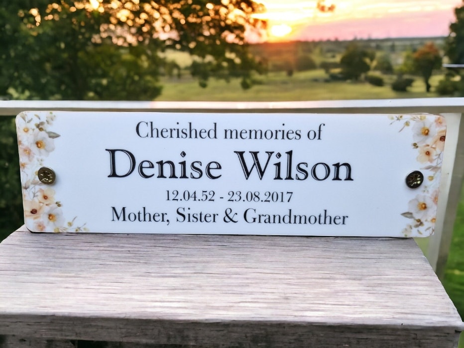 Personalised Floral Memorial Bench Plaque - Anniversary - Garden - Tree - Commemoration - Urn - Casket - Grave marker - Indoor - Outdoor
