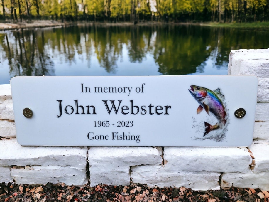 Personalised Fishing Memorial Bench Plaque - Anniversary - Garden - Tree - Commemoration - Urn - Casket - Grave marker - Indoor - Outdoor