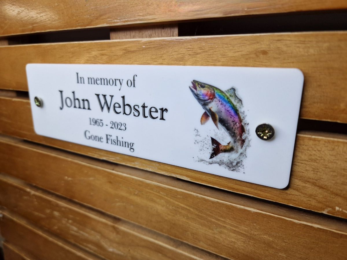 Personalised Fishing Memorial Bench Plaque - Anniversary - Garden - Tree - Commemoration - Urn - Casket - Grave marker - Indoor - Outdoor