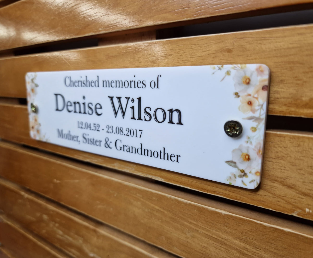 Personalised Floral Memorial Bench Plaque - Anniversary - Garden - Tree - Commemoration - Urn - Casket - Grave marker - Indoor - Outdoor