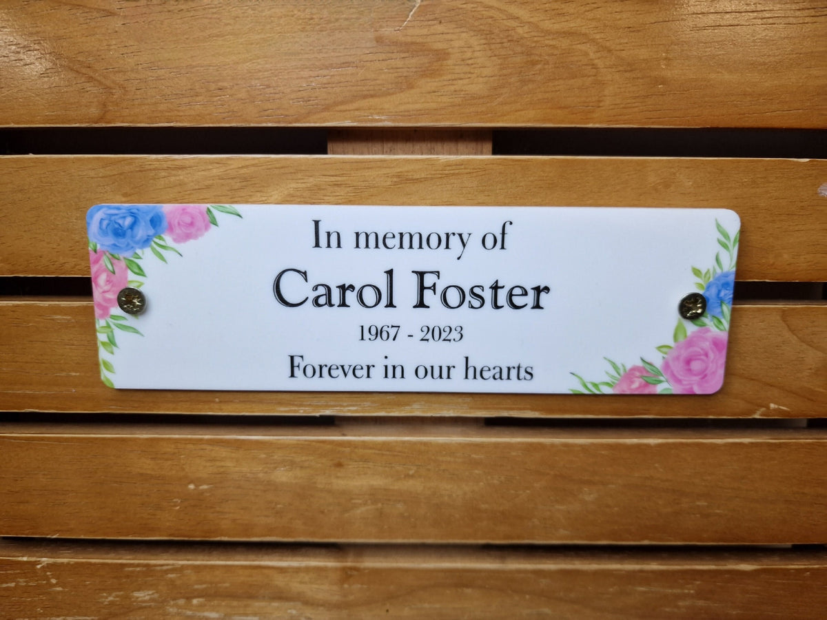 Personalised Floral Memorial Bench Plaque - Anniversary - Garden - Tree - Commemoration - Urn - Casket - Grave marker - Indoor - Outdoor