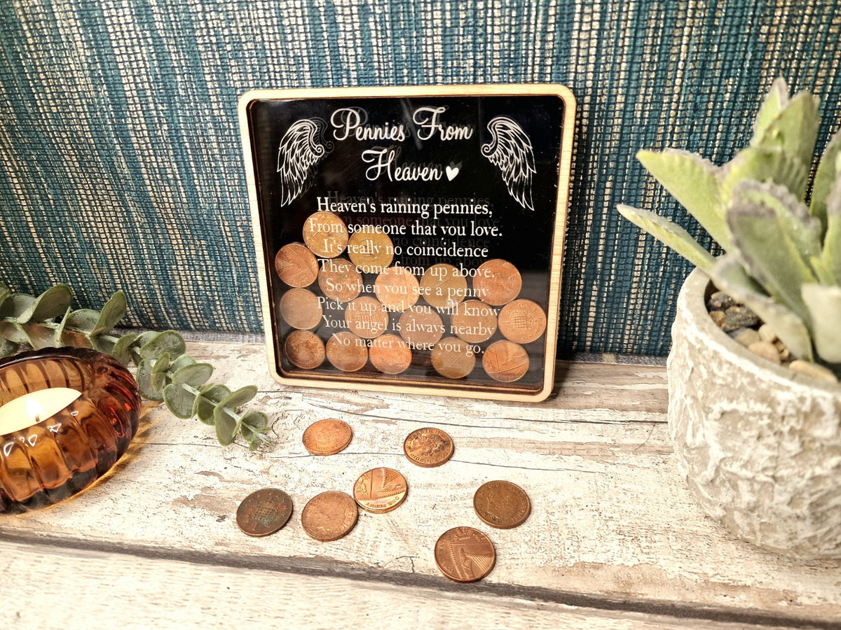 Pennies from Heaven Bank - Wooden Piggy Bank - Memorial - Bereavement - Sympathy - Remembrance - Angel - Gift - Present - Keepsake -