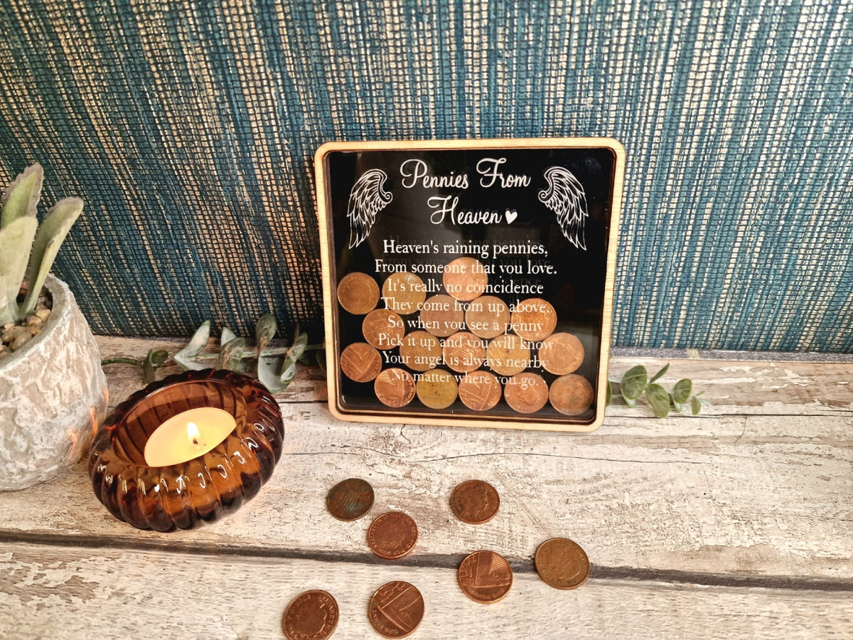 Pennies from Heaven Bank - Wooden Piggy Bank - Memorial - Bereavement - Sympathy - Remembrance - Angel - Gift - Present - Keepsake -