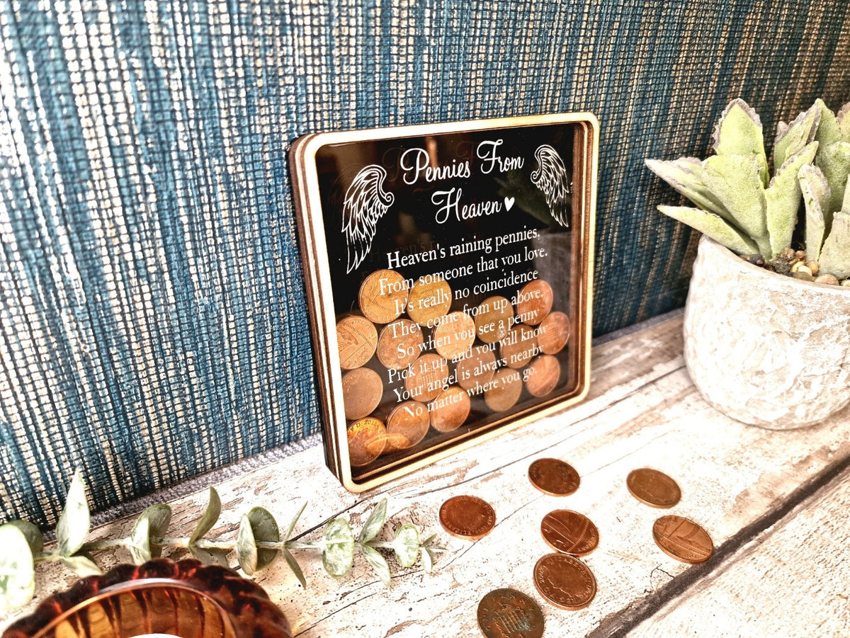 Pennies from Heaven Bank - Wooden Piggy Bank - Memorial - Bereavement - Sympathy - Remembrance - Angel - Gift - Present - Keepsake -