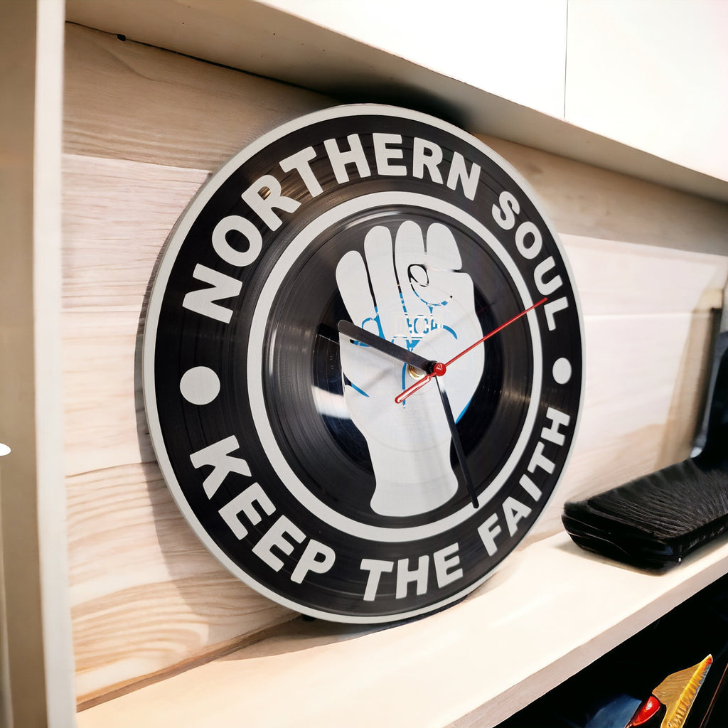 Northern Soul Keep The Faith clock - Wigan Casino - Vintage - Retro - Man Cave - Bar - Decor - made with re-purposed vinyl records - quartz