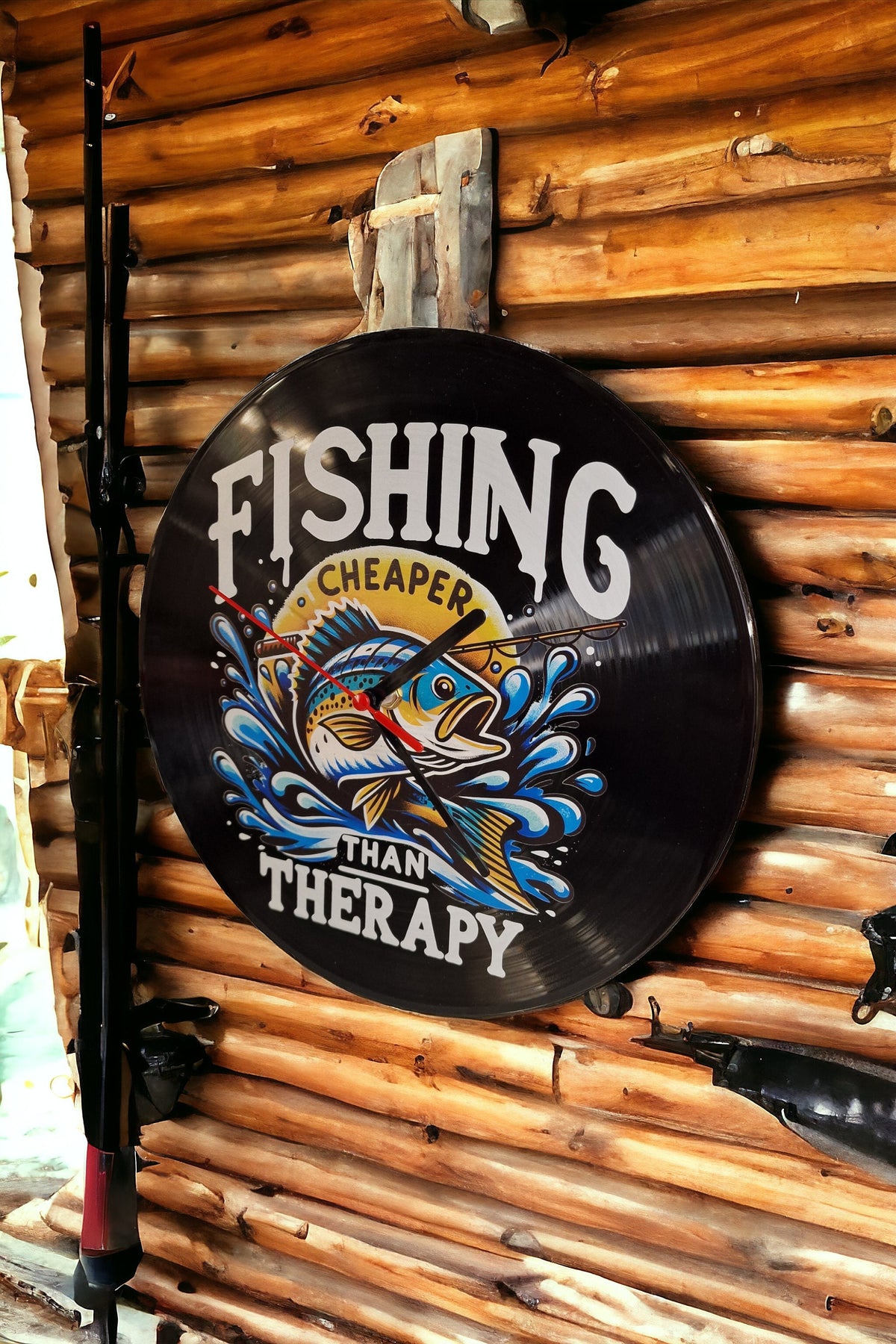 Fishing Fisherman Clock - Carp - Pike - Sea - Angling - Display - Man Cave - Bar - Decor - made with re-purposed vinyl records - quartz