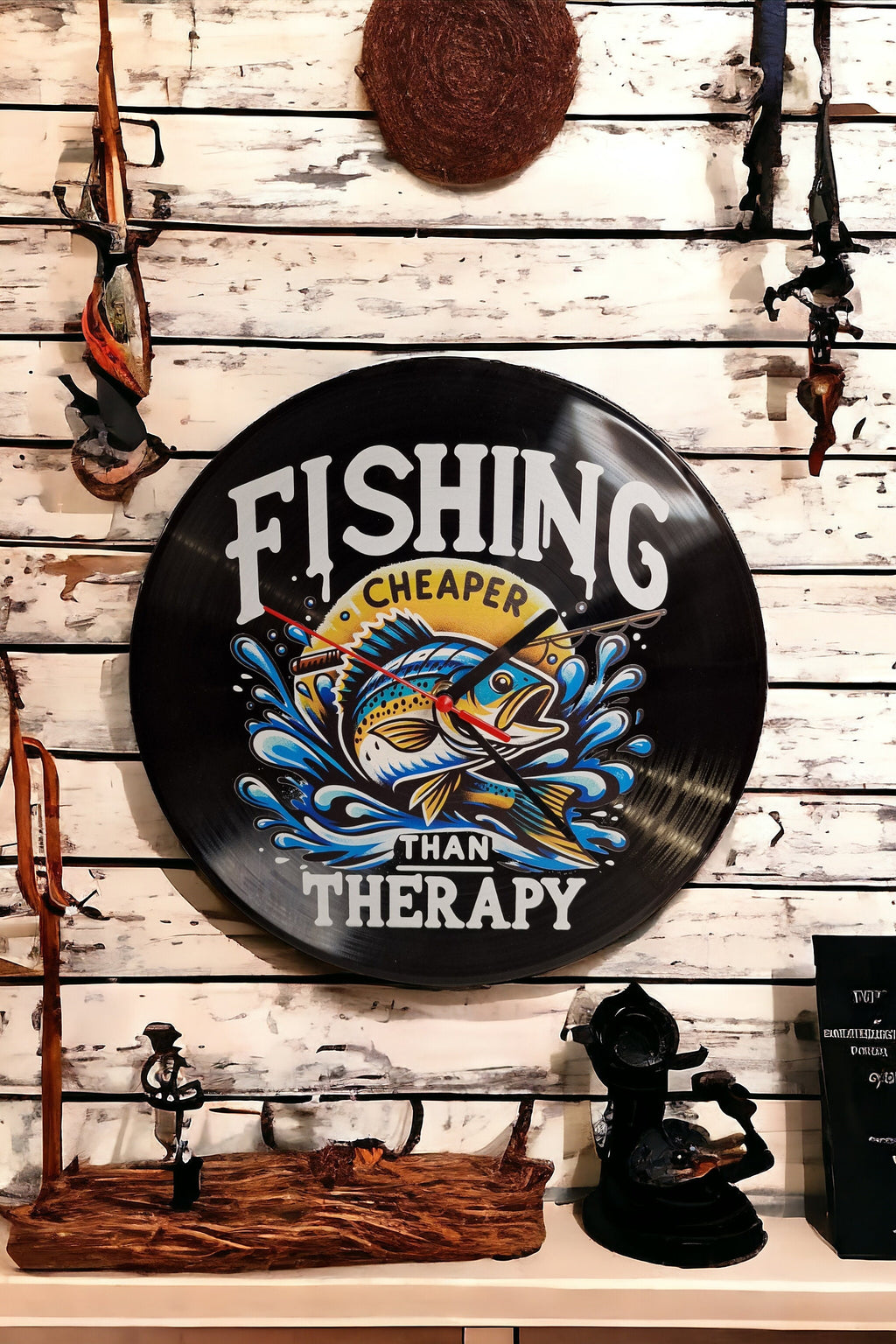 Fishing Fisherman Clock - Carp - Pike - Sea - Angling - Display - Man Cave - Bar - Decor - made with re-purposed vinyl records - quartz