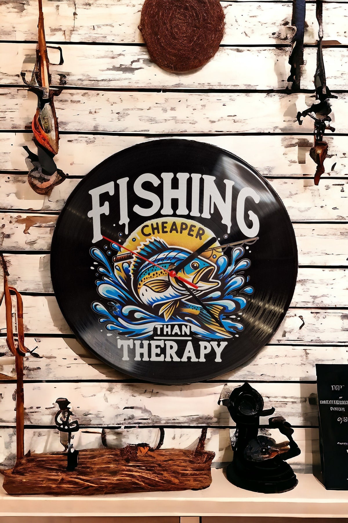 Fishing Fisherman Clock - Carp - Pike - Sea - Angling - Display - Man Cave - Bar - Decor - made with re-purposed vinyl records - quartz