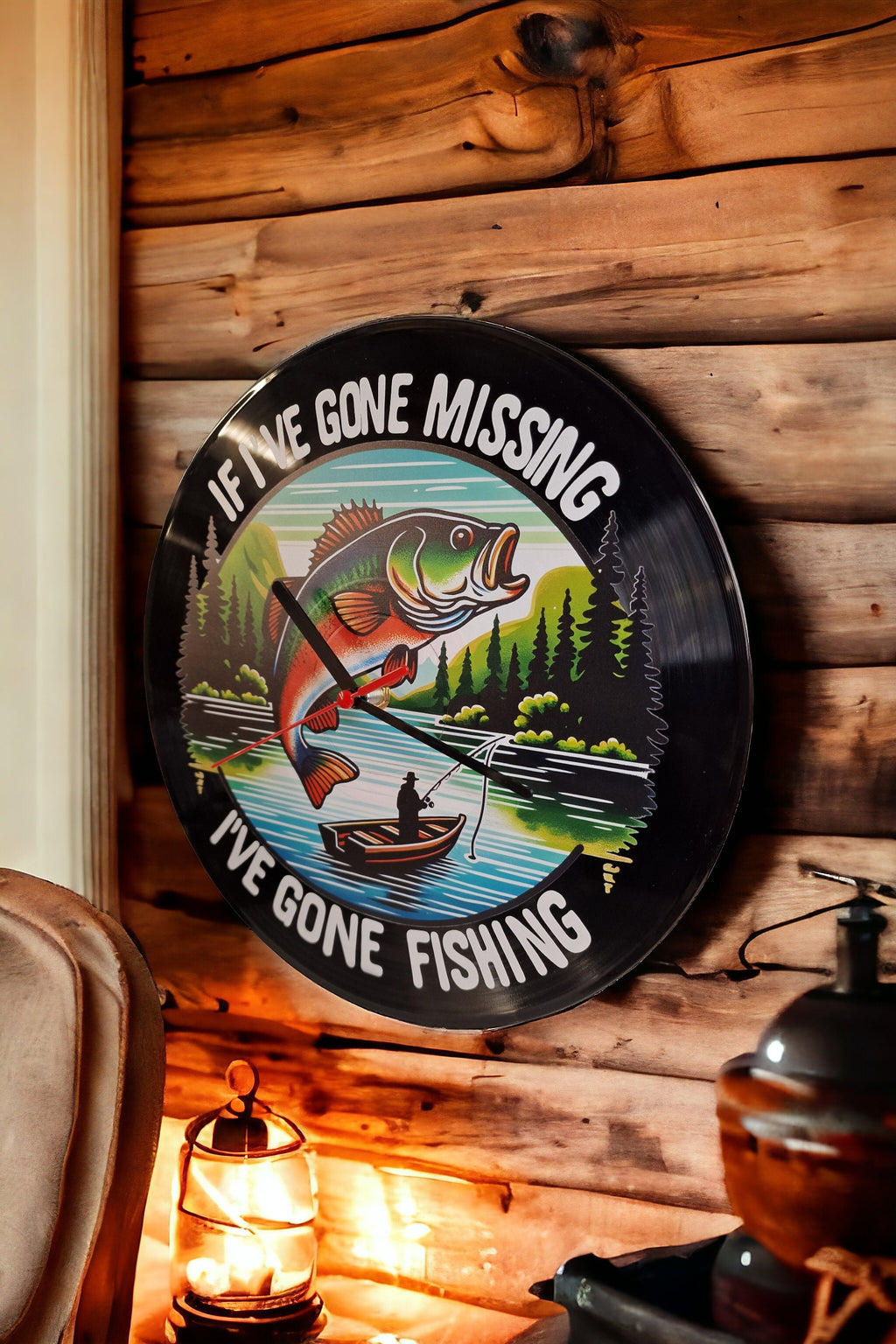 Fishing Fisherman Clock - Carp - Pike - Sea - Angling - Display - Man Cave - Bar - Decor - made with re-purposed vinyl records - quartz