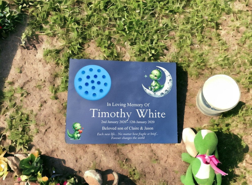 Personalised baby memorial grave marker - Dino design - Temporary headstone, outdoor - Anniversary - Child - Boy - Miscarriage - Angel