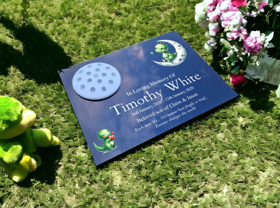 Personalised baby memorial grave marker - Dino design - Temporary headstone, outdoor - Anniversary - Child - Boy - Miscarriage - Angel