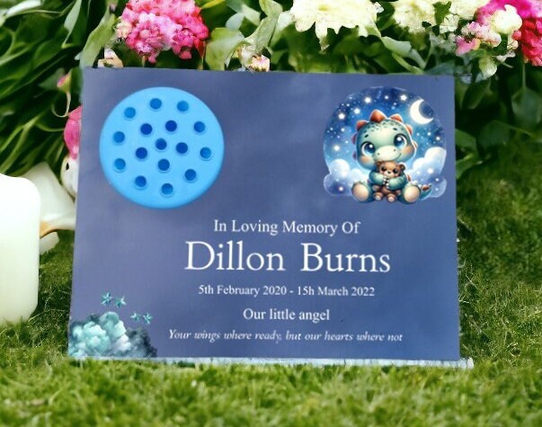 Personalised baby memorial grave marker - Dino design - Temporary headstone, outdoor - Anniversary - Child - Boy - Miscarriage - Angel