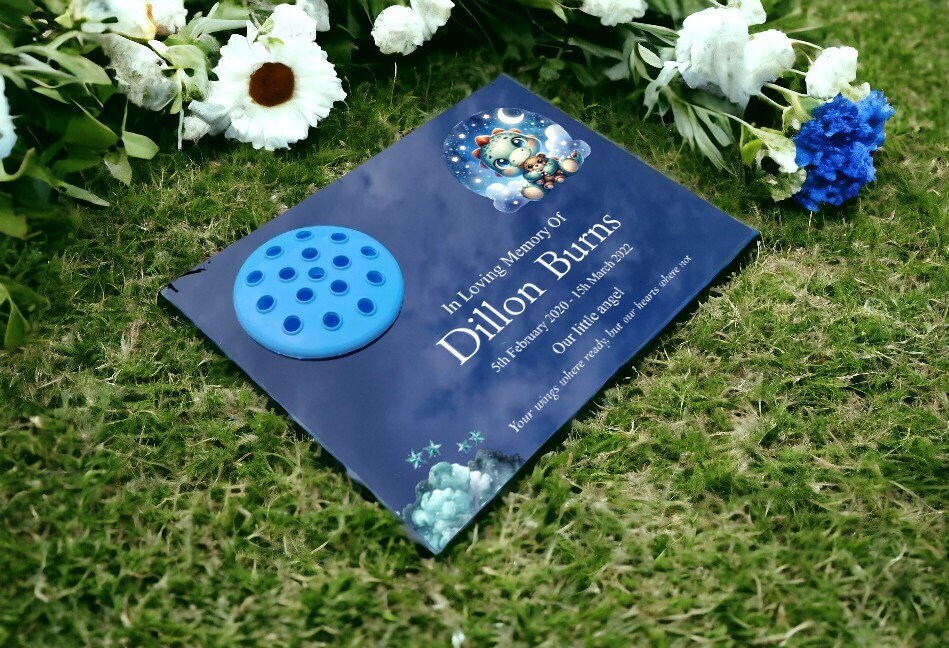 Personalised baby memorial grave marker - Dino design - Temporary headstone, outdoor - Anniversary - Child - Boy - Miscarriage - Angel